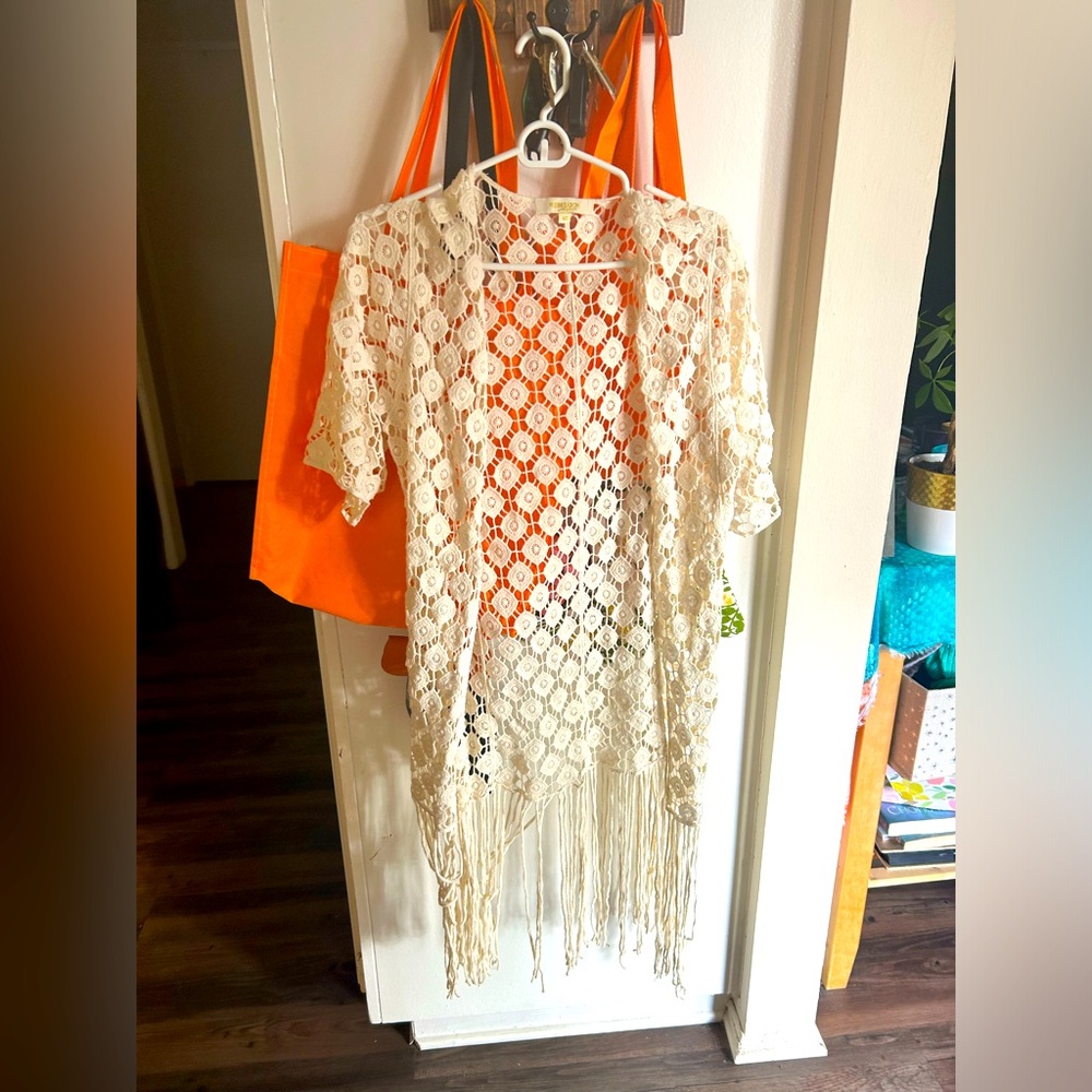 Boho knit shawl with fringe, xx
